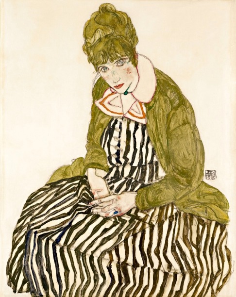 Egon Schiele -  Edith Schiele en robe à rayures, assise, 1915.jpg